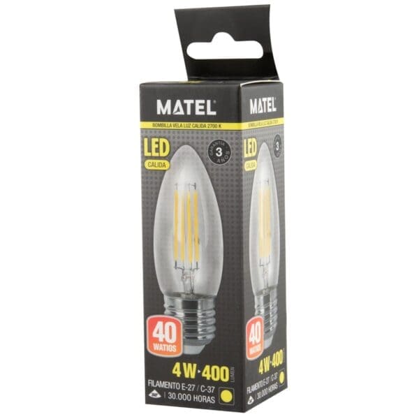LÂMPADA LED VELA FILAMENTO MATEL C37 E27 4W QUENTE CLARA - Image 2