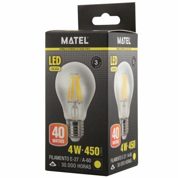 LÂMPADA LED FILAMENTO PADRÃO MATEL E27 A60 4W QUENTE CLARA - Image 2