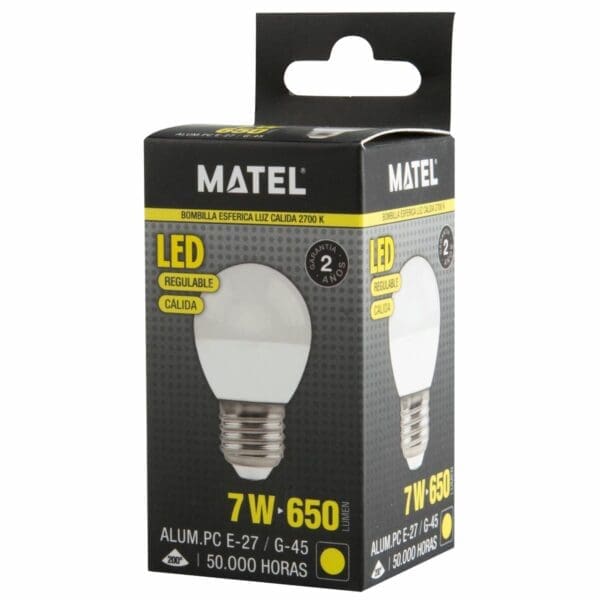 LÂMPADA LED ESFÉRICA MATEL REGULÁVEL 7W E27 QUENTE - Image 2