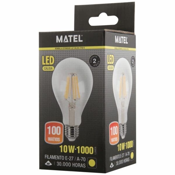LÂMPADA LED FILAMENTO PADRÃO MATEL E27 A70 10W QUENTE CLARA - Image 2