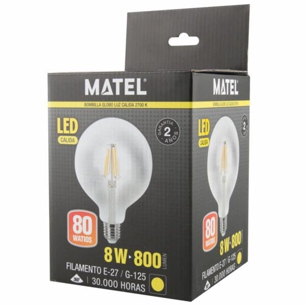 LÂMPADA LED GLOBO FILAMENTO MATEL E27 G125 8W QUENTE CLARA - Image 2