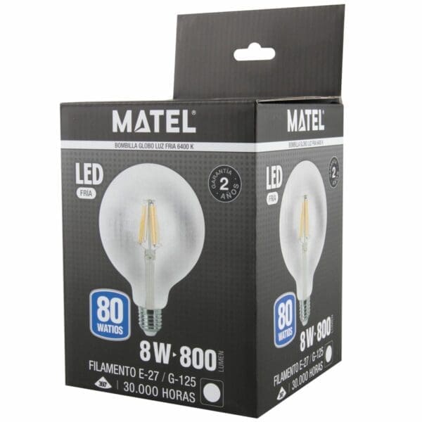 LÂMPADA LED GLOBO FILAMENTO MATEL E27 G125 8W FRIA CLARA - Image 2