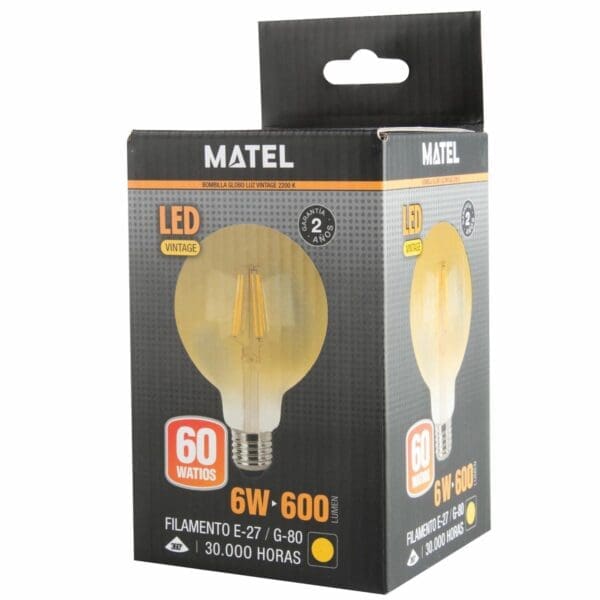 LÂMPADA LED GLOBO FILAMENTO VINTAGE MATEL E27 G80 6W - Image 2