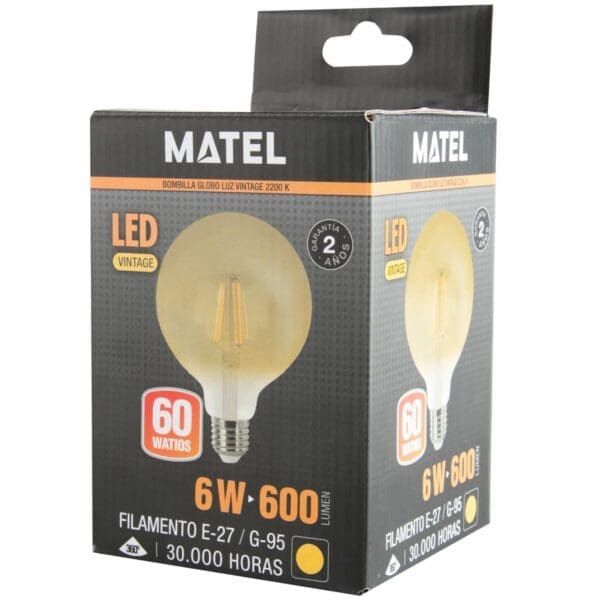 LÂMPADA LED GLOBO G95 FILAMENTO VINTAGE MATEL E27 6W - Image 2