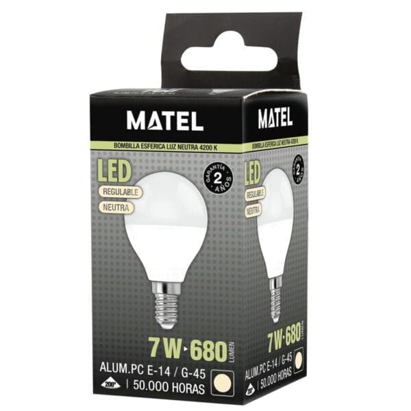 LÂMPADA LED ESFÉRICA MATEL REGULÁVEL 7W E14 NEUTRA - Image 2