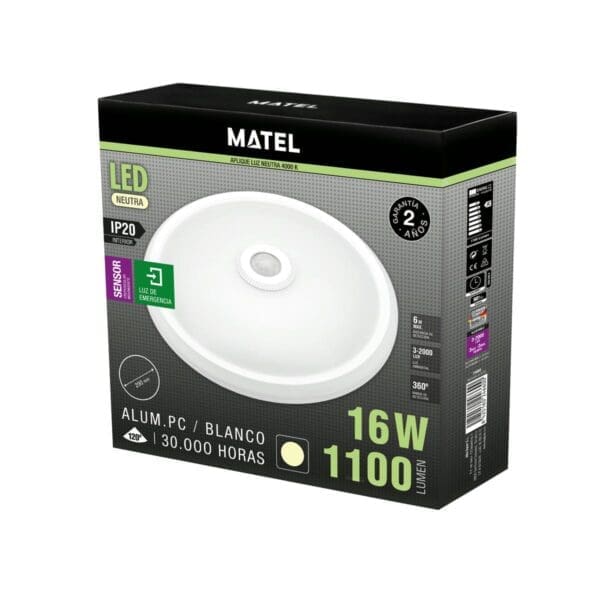 APLIQUE LED REDONDO SENSOR IP20 MATEL EMERGÊNCIA 16W NEUTRA - Image 2