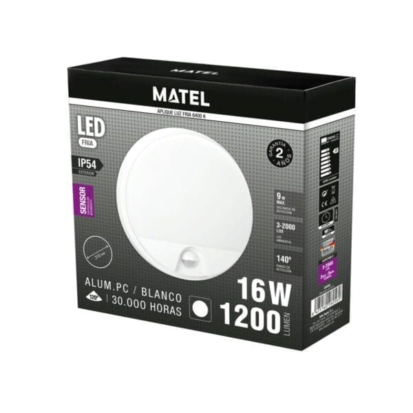 APLIQUE LED REDONDO MATEL SENSOR IP54 16W FRIA - Image 2