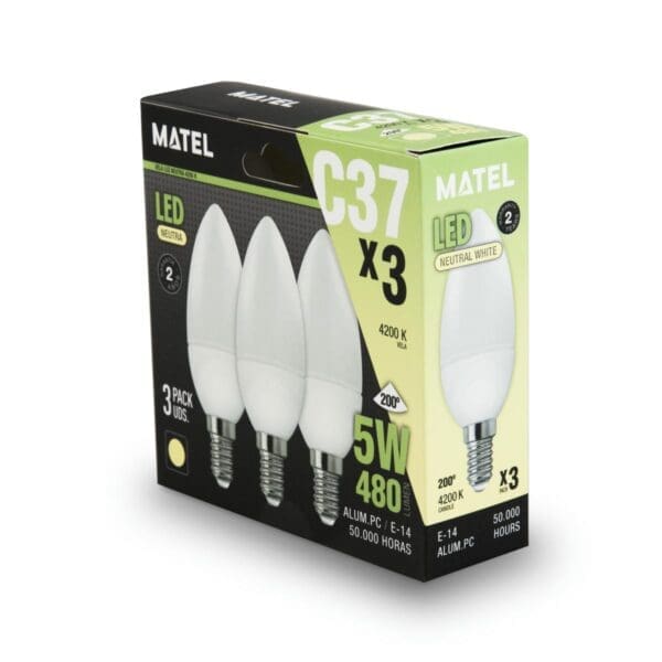 LÂMPADA LED VELA MATEL E14 5W NEUTRA (3 UNIDADES) - Image 2