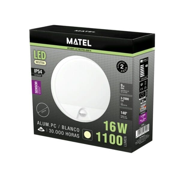 APLIQUE LED REDONDO MATEL SENSOR IP54 16W NEUTRA - Image 2