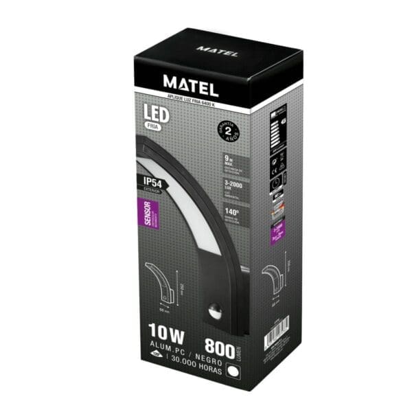APLIQUE LED SENSOR EXTERIOR IP54 MATEL PRETO FRIA - Image 2