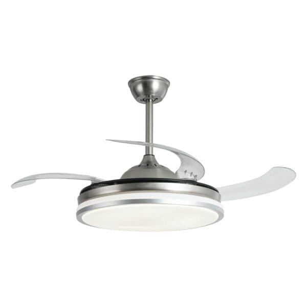 VENTILADOR DE TETO DC CROMADO COM LUZ LED 4 PÁS RETRÁTEIS