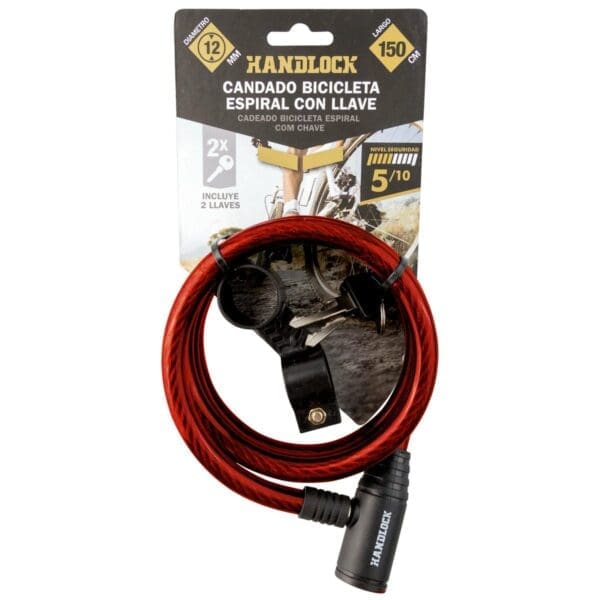 CADEADO PARA BICICLETA HANDLOCK ESPIRAL COM CHAVE 1,2x150 CM VERMELHO - Image 2
